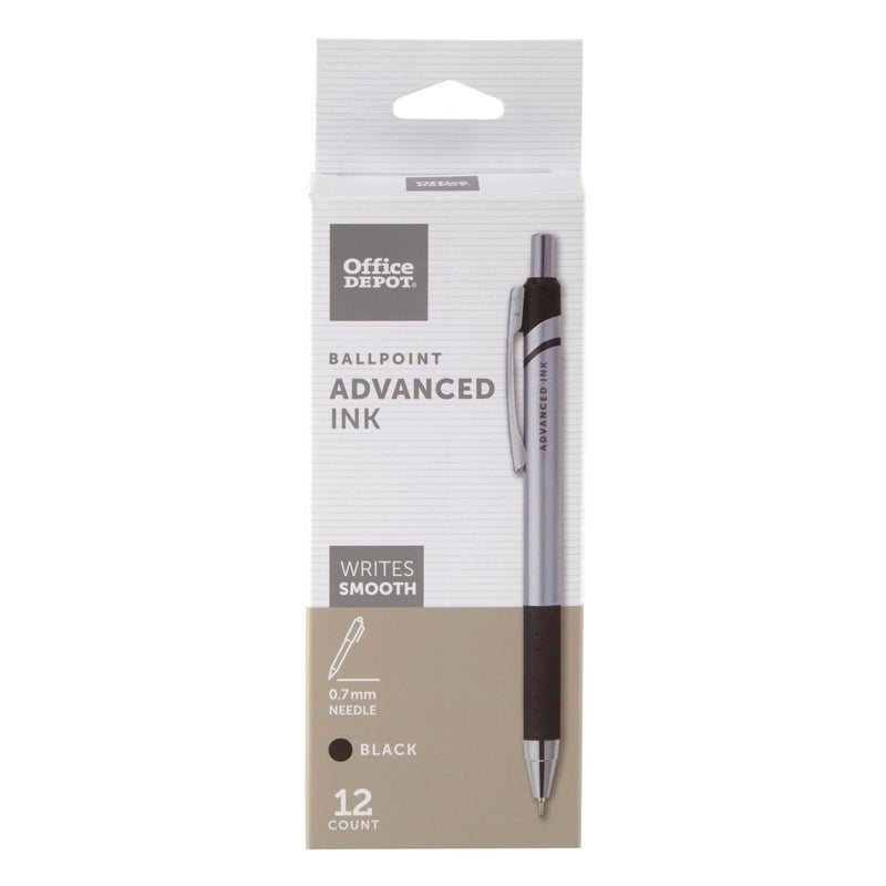 Office Depot Advanced Ink Retractable Ballpoint Pens, Needle Point, 0.7 mm, Silver Barrel, Black Ink, Pack Of 12 - Image 1